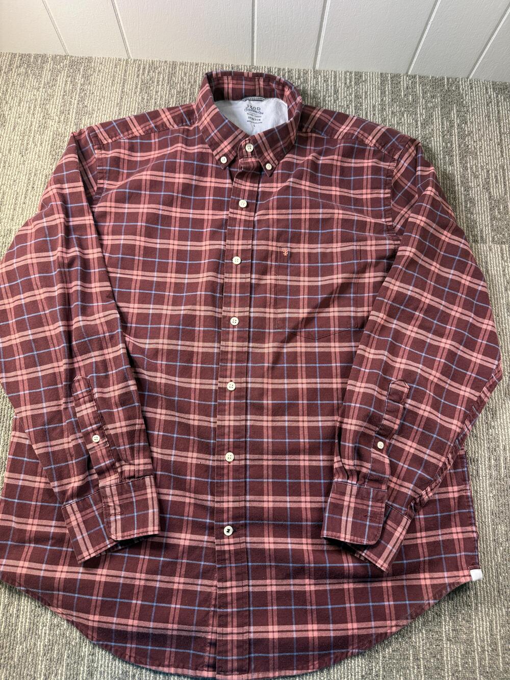 Izod Shirt Mens Large Red Plaid Long Sleeve Button Down Stretch Casual Saltwater